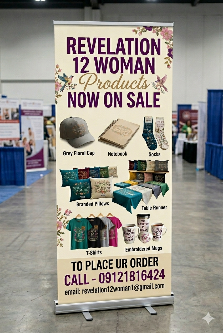 Revelation 12 Woman products — caps, notebooks, socks, pillows, table runners, t-shirts, mugs